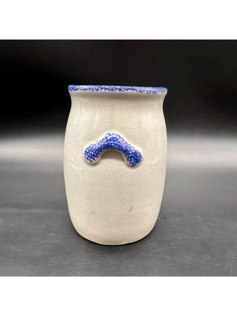Vintage Crock Gray Blue Heart Utensil Holder Vase Country Cottage 1990s Ceramic